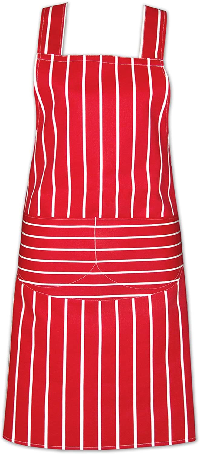 Red & White Butchers Stripe 100% Cotton Professional Chefs Bib Apron with Front Pockets (Red)