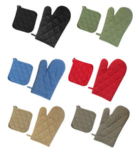 Load image into Gallery viewer, Set of 3 Heat Resistant Cotton Oven Glove, Mitts & 2 Pot Holder for Baking & BBQ