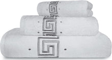 Load image into Gallery viewer, 3 Piece 600 GSM Greek Key Embroidered Towel Bale Set with Gift Ribbon