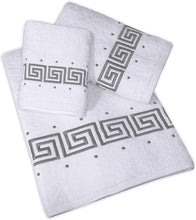 Load image into Gallery viewer, 3 Piece 600 GSM Greek Key Embroidered Towel Bale Set with Gift Ribbon