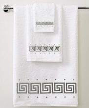 Load image into Gallery viewer, 3 Piece 600 GSM Greek Key Embroidered Towel Bale Set with Gift Ribbon
