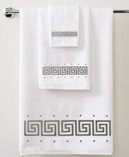 Load image into Gallery viewer, 3 Piece 600 GSM Greek Key Embroidered Towel Bale Set with Gift Ribbon