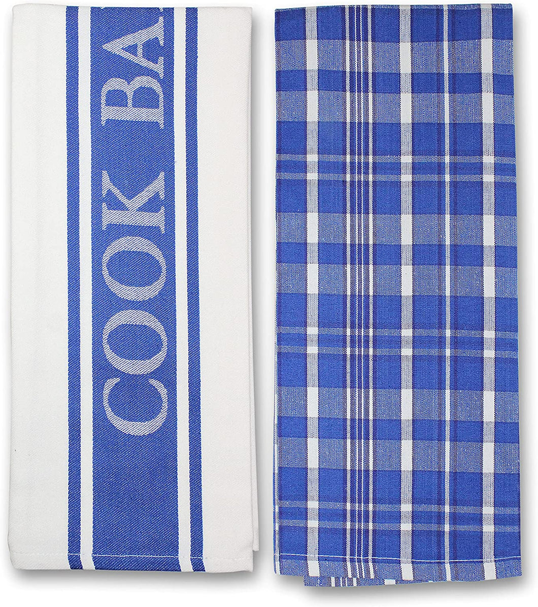 Rivera Home - Vintage Herringbone & Check Tea Towels Set - 100% Cotton Lint Free - Soft, Absorbent & Durable Kitchen Dish Towel - 50 x 76 cm - Machine Washable Quick Drying Towels (Blue, 2)
