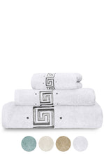 Load image into Gallery viewer, 3 Piece 600 GSM Greek Key Embroidered Towel Bale Set with Gift Ribbon