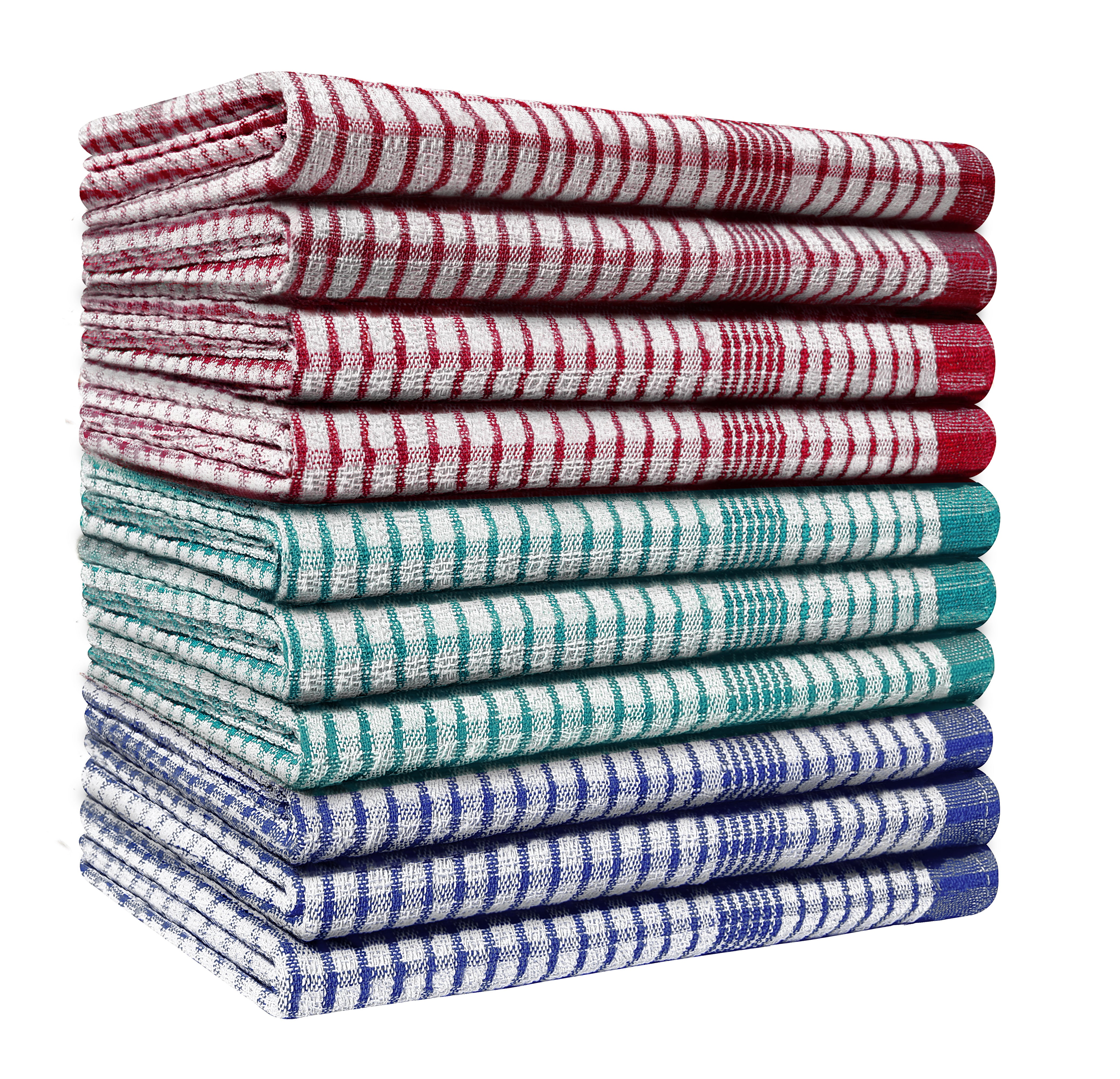 QCS Heavy Duty WonderDry Checked Cotton Kitchen Tea Towels 45 x 70 cm Absorbent Durable Long Lasting Professional Grade Lint Free Fade