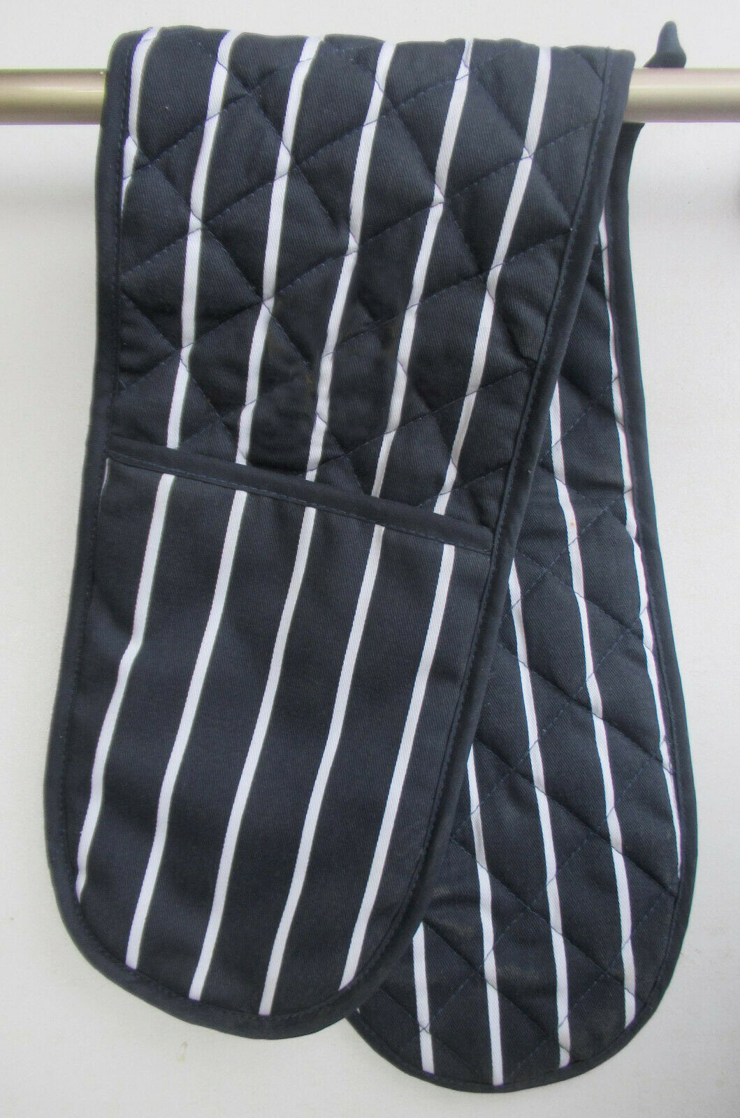 Details about  100% Cotton Navy Blue Classic Butchers Stripe Double Oven Glove 91cm Wide